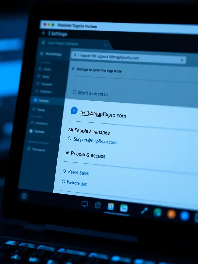 An email interface showing the process of inviting support@mapfixpro.com as a Manager to a Google Business Profile, highlighting the 'People & access' settings.